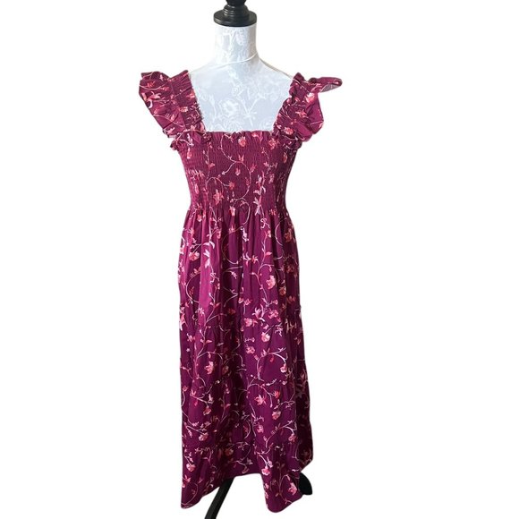 Hill House Home Ellie Nap Dress Midi Ruched Burgundy Botanical Size Large